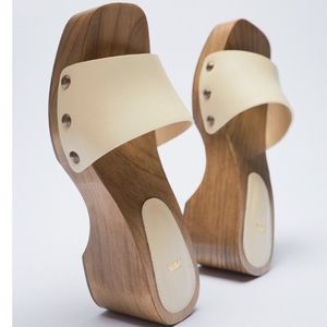 Zara Leather Open Toe Slides with Wooden Platform, 41 (U.S. 10), Cream